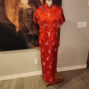 Vintage Y2K 90s Chinese Red Satin Gold Floral Embroidered Cheongsam Qipao Dress